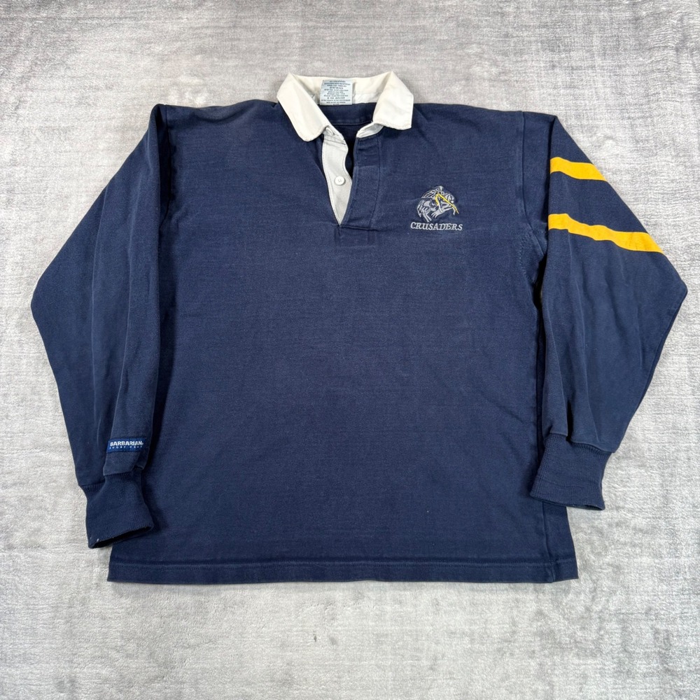 Barbarian Rugby Shirt Mens XL Blue Stripe Crusaders Embroidered Long Sleeve polo